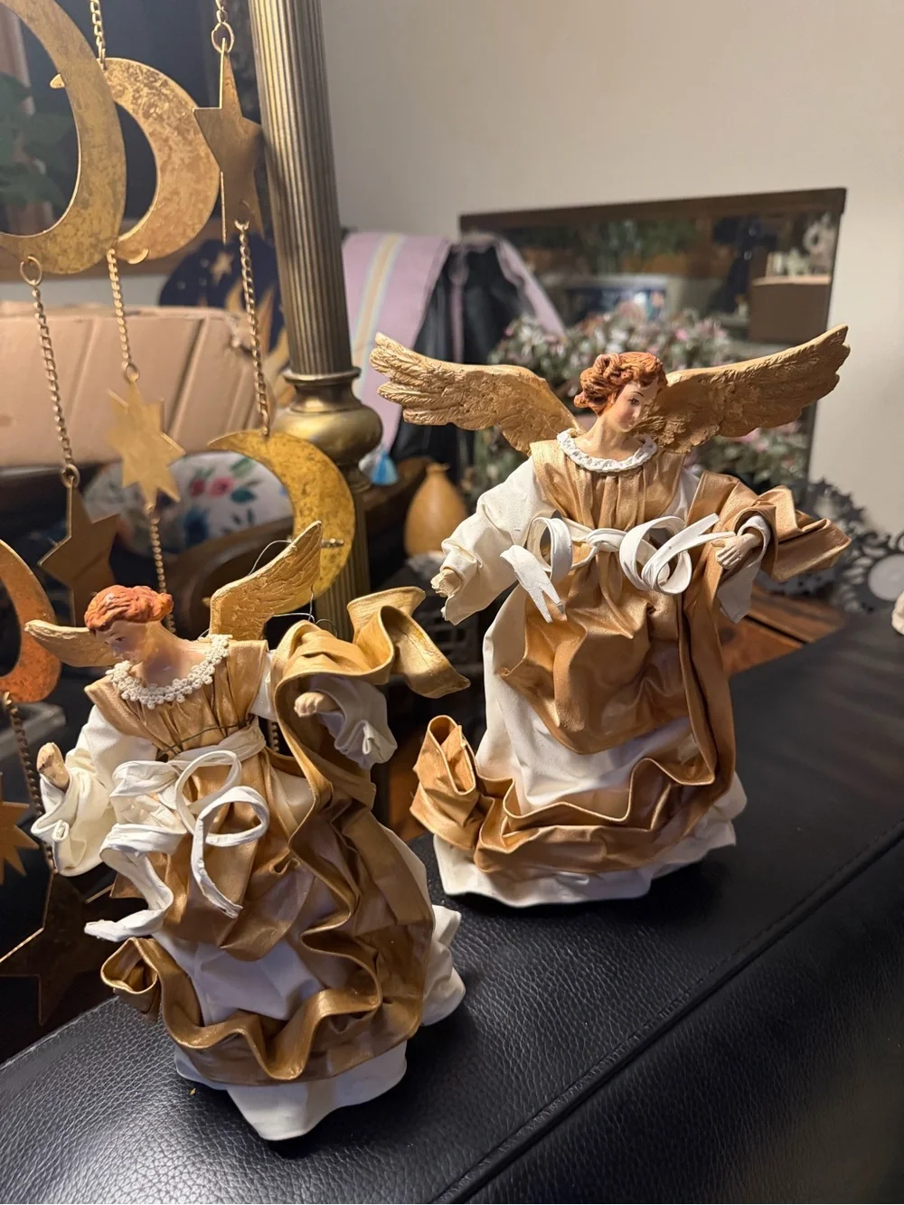Vtg Pair Cartapesta Christmas Tree Topper Fabric Angel Mache Statue Italy